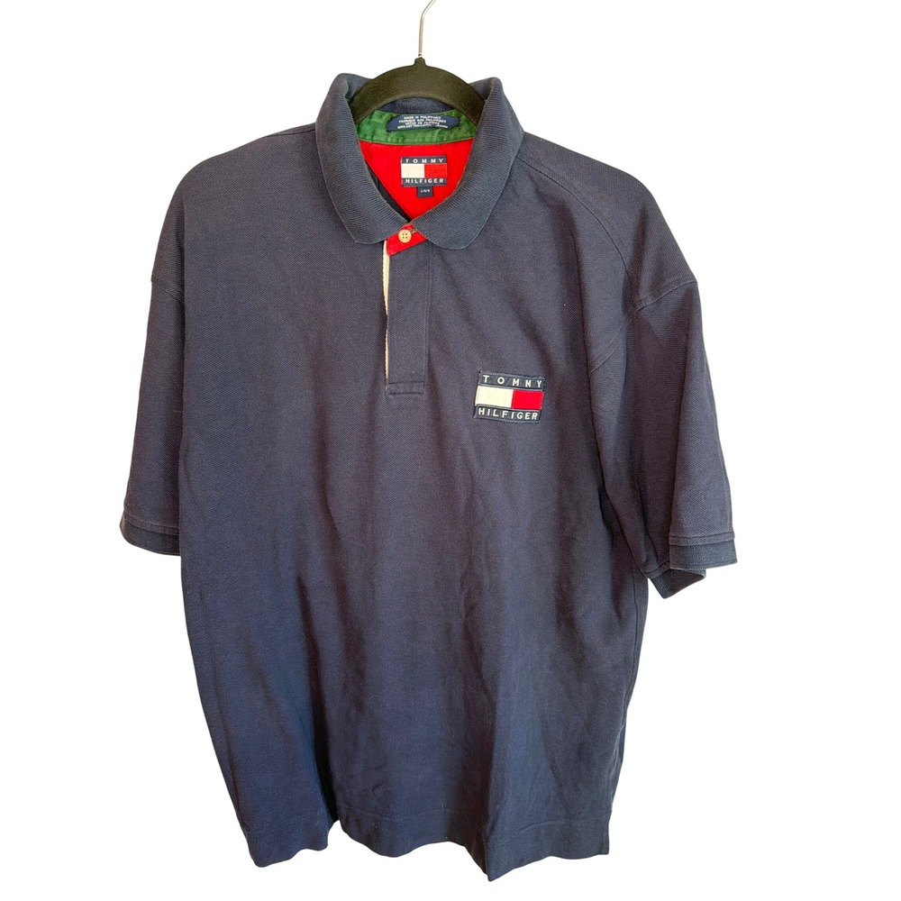 Vintage Tommy Hilfiger Navy Blue Pique Polo Shirt Back Stripe Mens Large